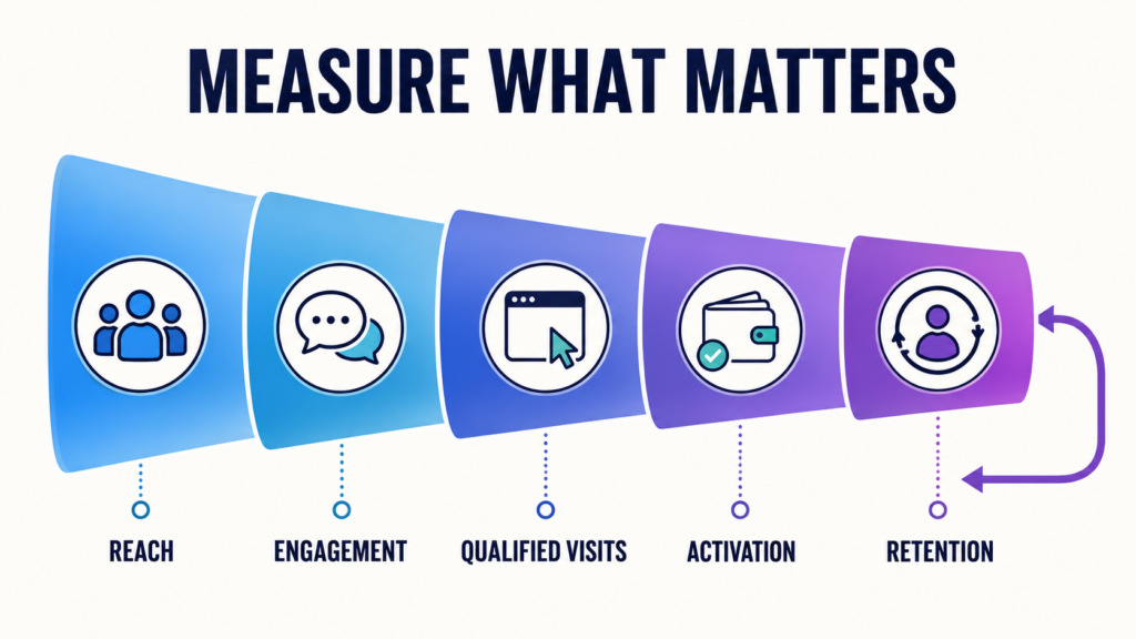 Crypto social media measurement funnel from reach to retained users