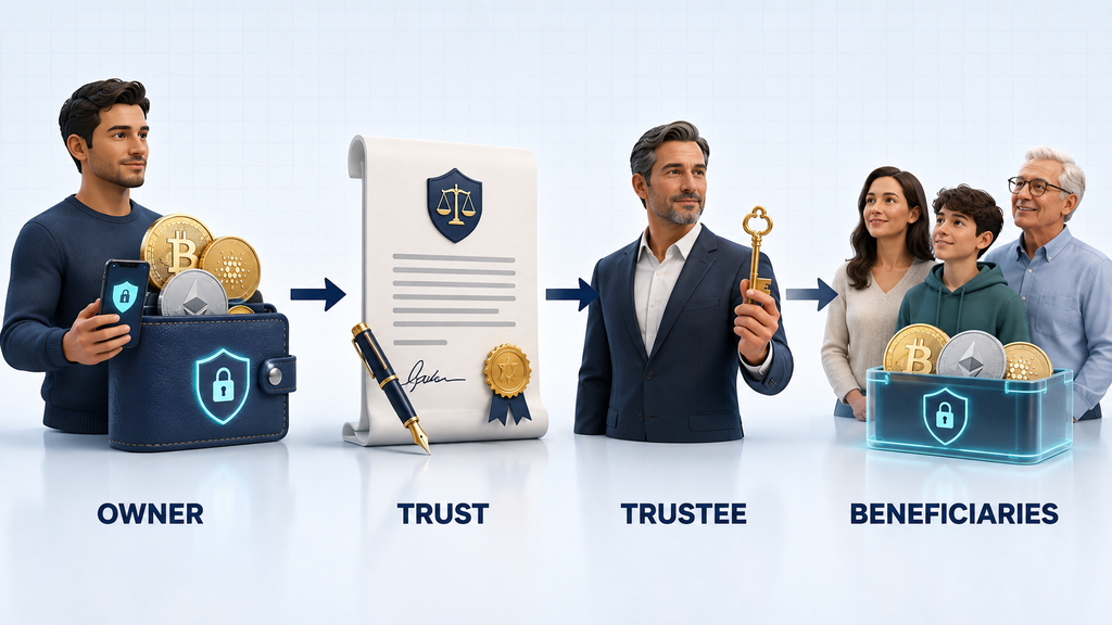 Process of transferring cryptocurrency from an owner into a legal trust