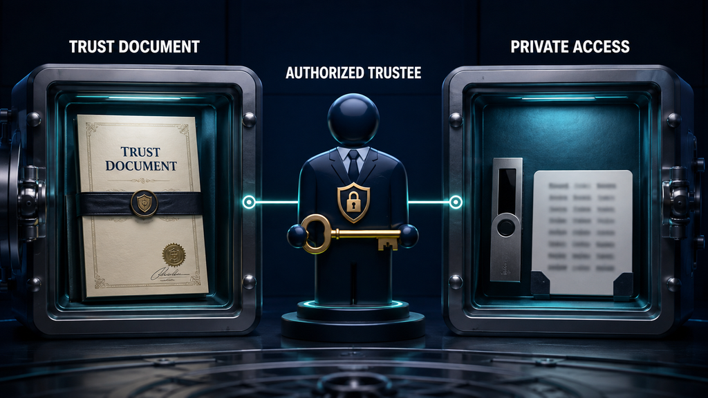 Secure separation of trust documents and cryptocurrency access information