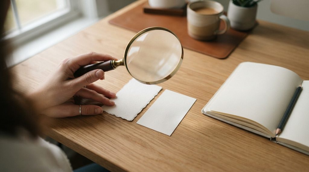 Comparing two paper cards with a magnifying glass to illustrate crypto channel identity checks.
