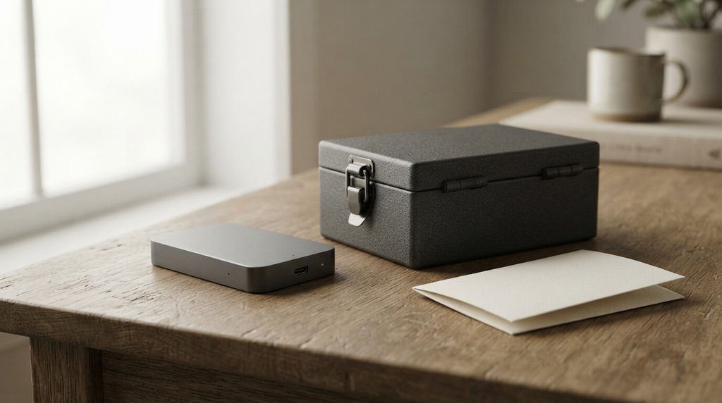 Unbranded security device and closed lockbox illustrating protection of crypto wallet access.