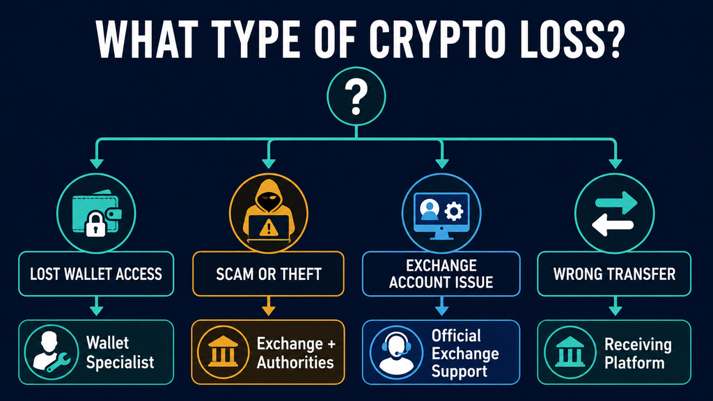 Decision tree showing different types of cryptocurrency recovery problems