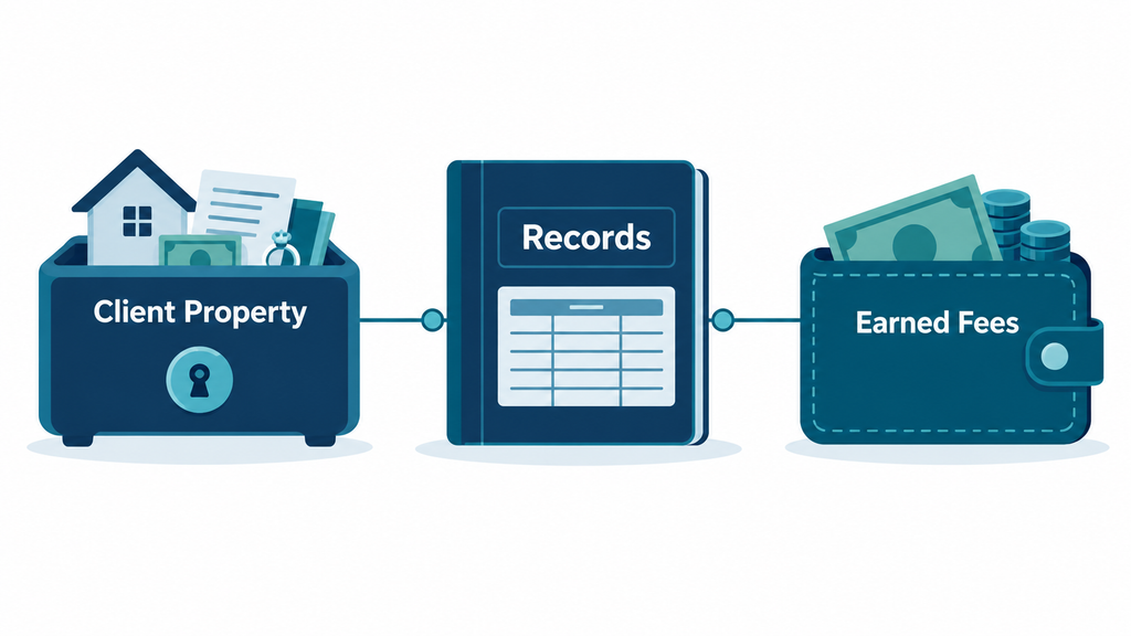 Separate client cryptocurrency holdings and earned fees connected through accounting records.