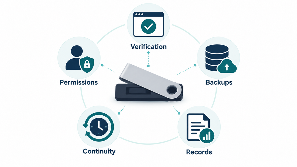 Cryptocurrency custody safeguards covering verification, permissions, backups, continuity, and records.