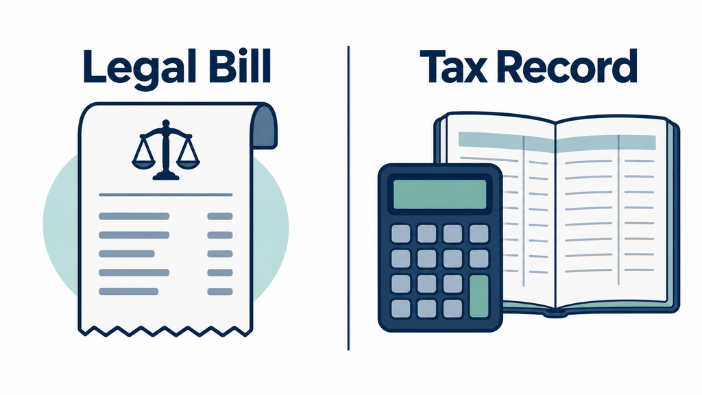 Separate legal billing and tax records for a cryptocurrency payment.