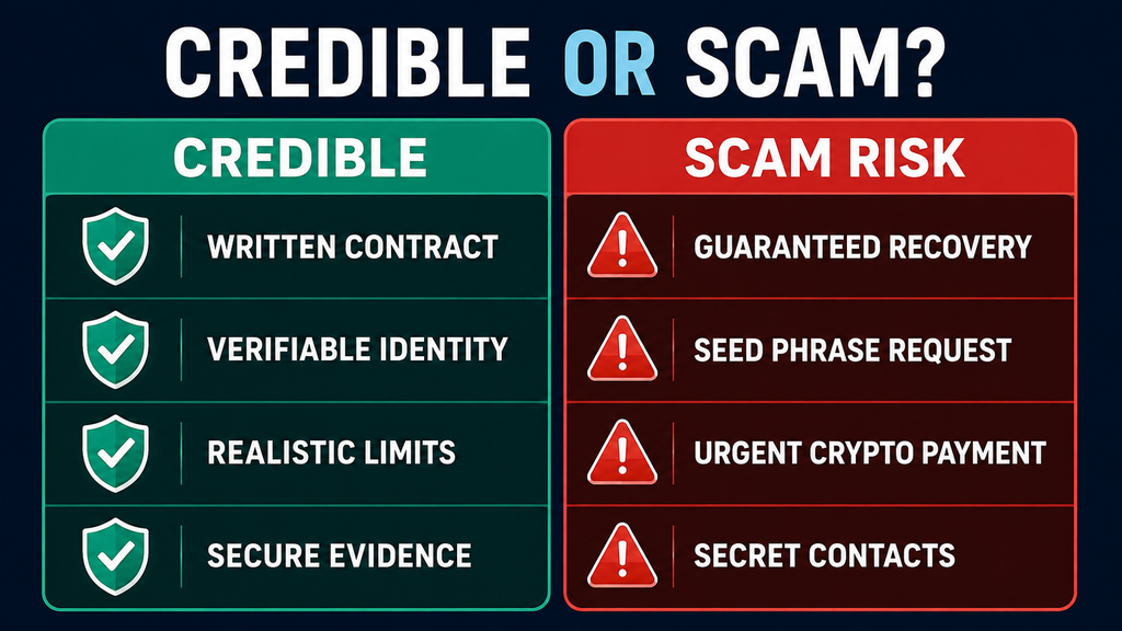 Credible crypto recovery practices compared with scam warning signs