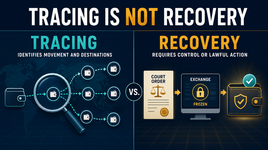 Difference between tracing stolen cryptocurrency and recovering it