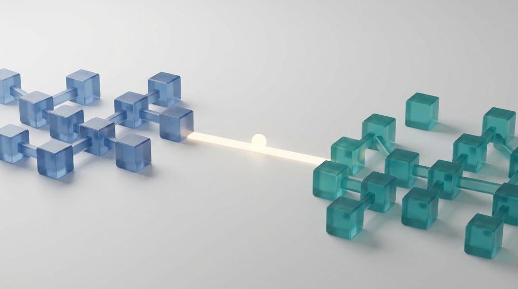 Two separate clusters of connected blocks joined by an illuminated pathway.