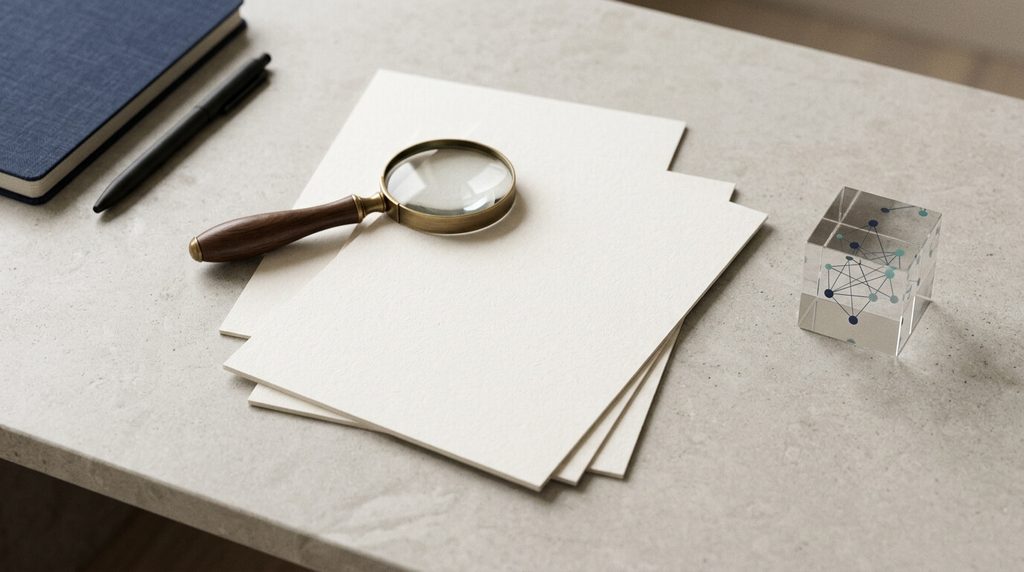 Magnifying glass examining documents beside a transparent network cube.