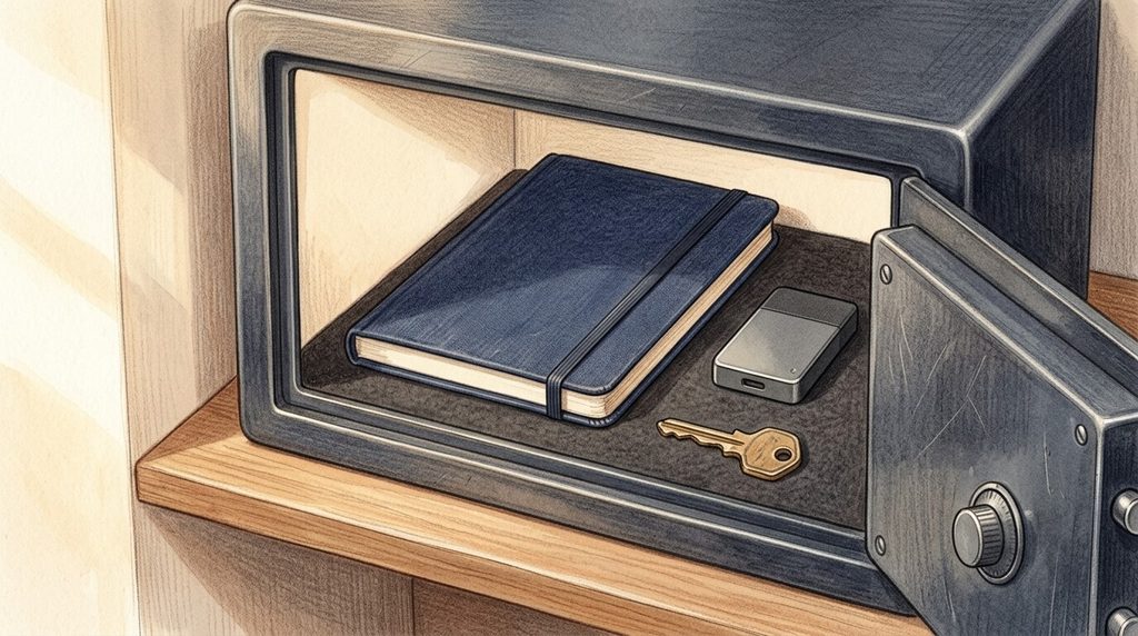 Closed notebook and small device stored inside a home safe.
